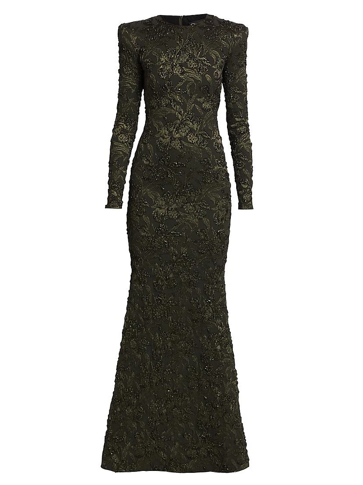 Long-Sleeve Metallic Jacquard Gown