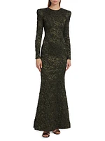 Long-Sleeve Metallic Jacquard Gown