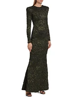 Long-Sleeve Metallic Jacquard Gown