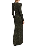 Long-Sleeve Metallic Jacquard Gown