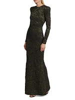 Long-Sleeve Metallic Jacquard Gown