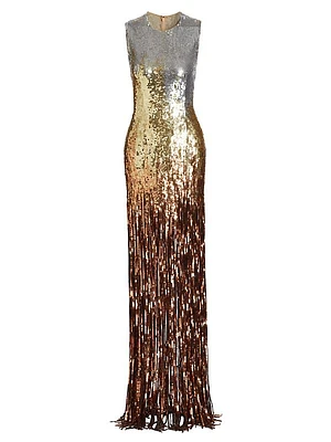 Ombré Sequined Fringe Column Gown