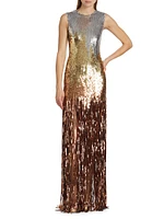 Ombré Sequined Fringe Column Gown