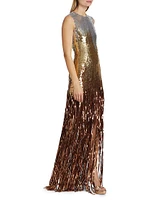 Ombré Sequined Fringe Column Gown