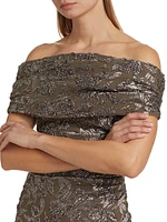 Metallic Orchid Jacqaurd Off-the-Shoulder Cocktail Dress