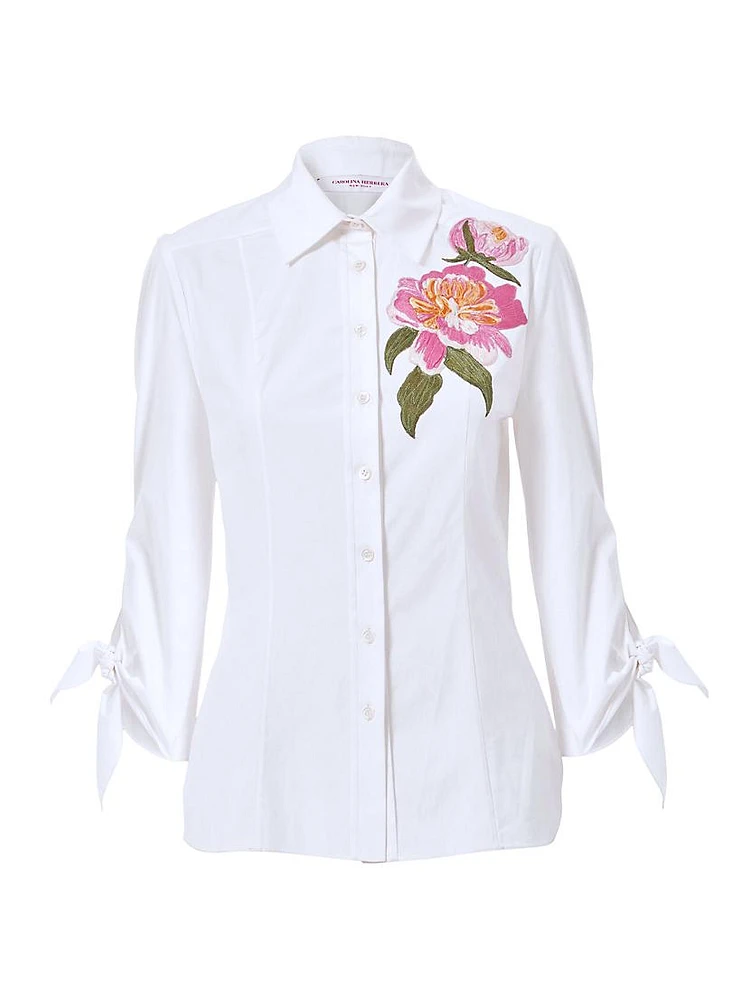 Embroidered Floral Tie-Cuff Cotton Shirt