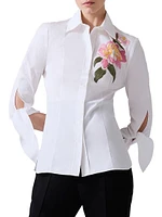 Embroidered Floral Tie-Cuff Cotton Shirt