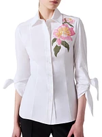 Embroidered Floral Tie-Cuff Cotton Shirt