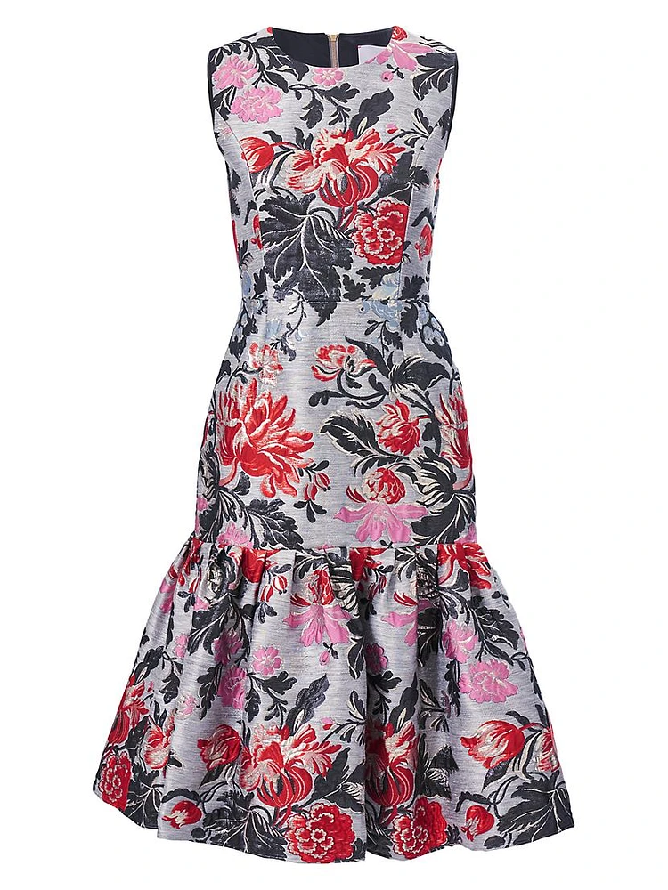 Floral Jacquard Flounce Midi-Dress