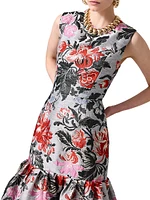 Floral Jacquard Flounce Midi-Dress