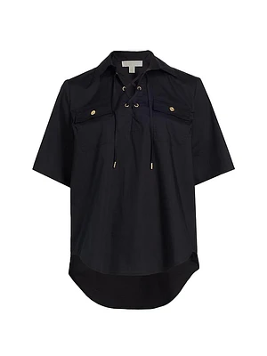 Cotton Lace-Up Short-Sleeve Shirt