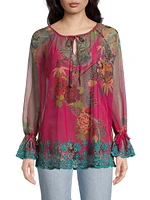 Mazzy Floral Mesh Peasant Blouse