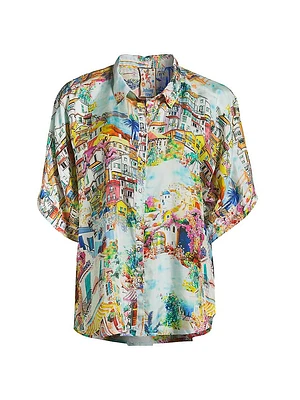 Lynn Illustrated Silk Button-Front Shirt