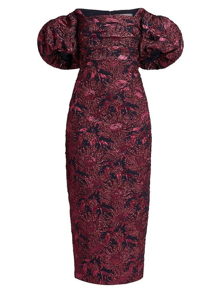 Floral Jacquard Puff-Sleeve Sheath Dress