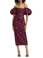 Floral Jacquard Puff-Sleeve Sheath Dress