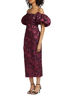 Floral Jacquard Puff-Sleeve Sheath Dress