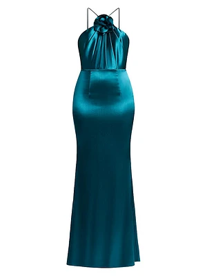 Satin Rosette Appliqué Body-Con Gown