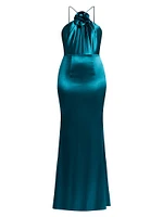 Satin Rosette Appliqué Body-Con Gown