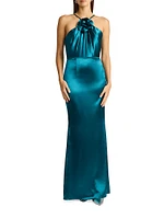 Satin Rosette Appliqué Body-Con Gown