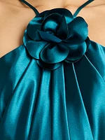 Satin Rosette Appliqué Body-Con Gown