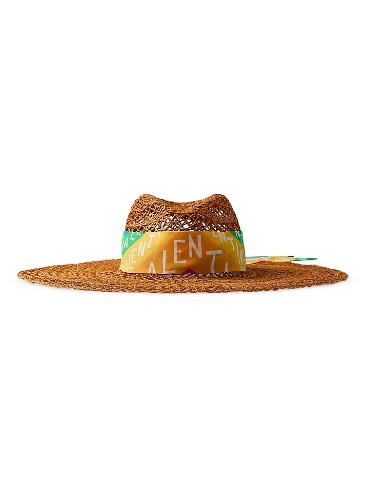 Escape Wide Brim Straw Hat with Silk Bandeau Scarf