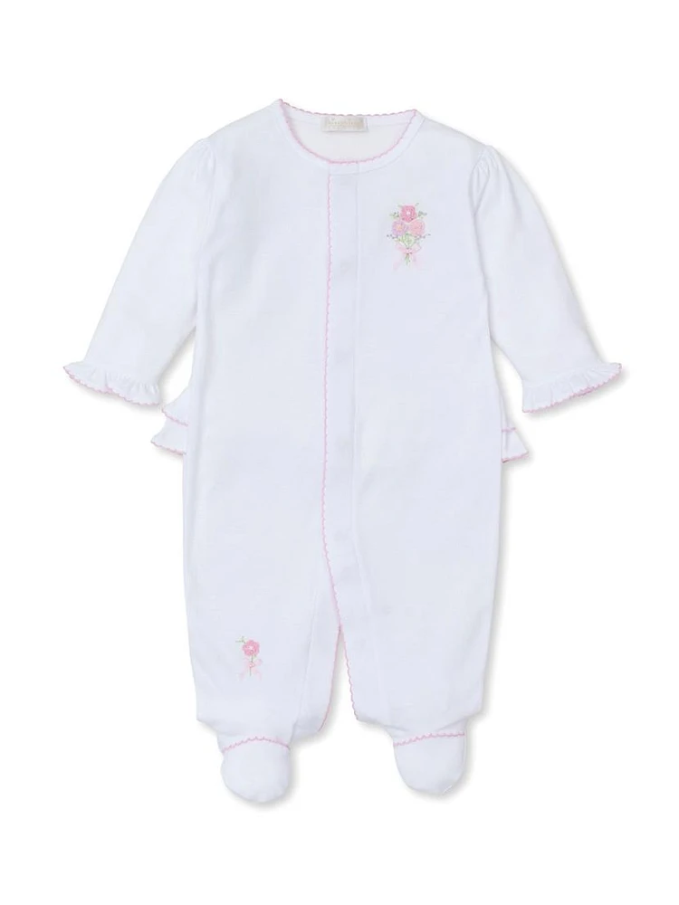 Baby Girl's Floral Embroidery Ruffled Footie