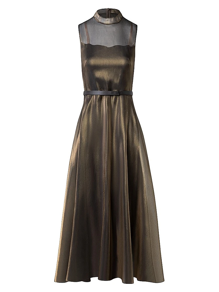 Metallic Silk-Blend Fit & Flare Sleeveless Midi-Dress