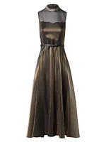 Metallic Silk-Blend Fit & Flare Sleeveless Midi-Dress