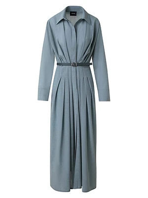 Wool Pleated Long-Sleeve Midi-Dress