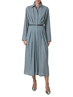 Wool Pleated Long-Sleeve Midi-Dress