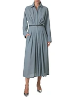 Wool Pleated Long-Sleeve Midi-Dress