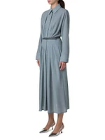 Wool Pleated Long-Sleeve Midi-Dress