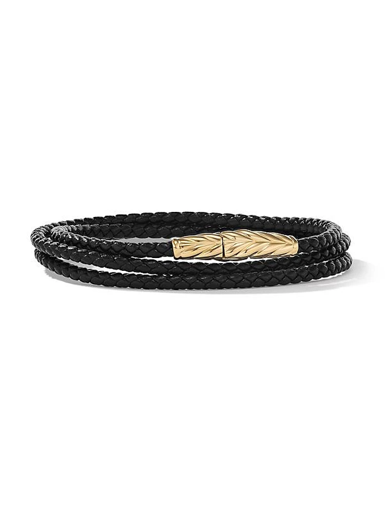 Chevron Triple Wrap Bracelet in Black Leather and 18K Yellow Gold, 3MM