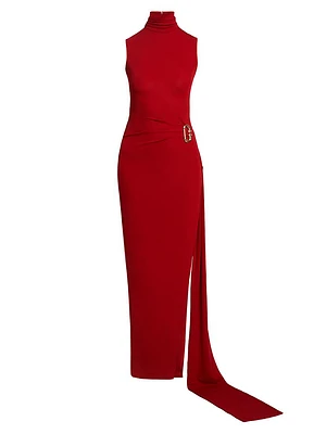 Turtleneck Buckle Draped Column Dress