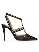 Rockstud Grainy Leather 100MM Ankle Strap Pump