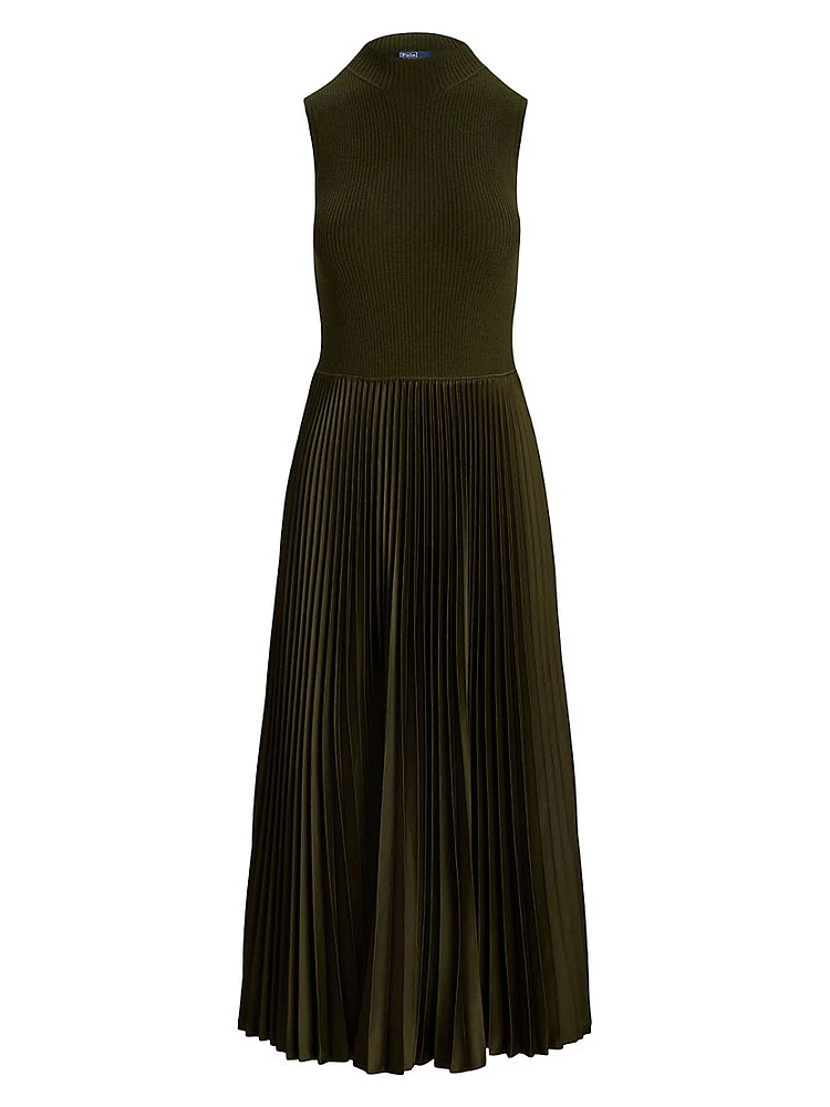 Pleated Sleeveless Mock Turtleneck Midi-Dress