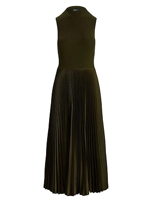 Pleated Sleeveless Mock Turtleneck Midi-Dress