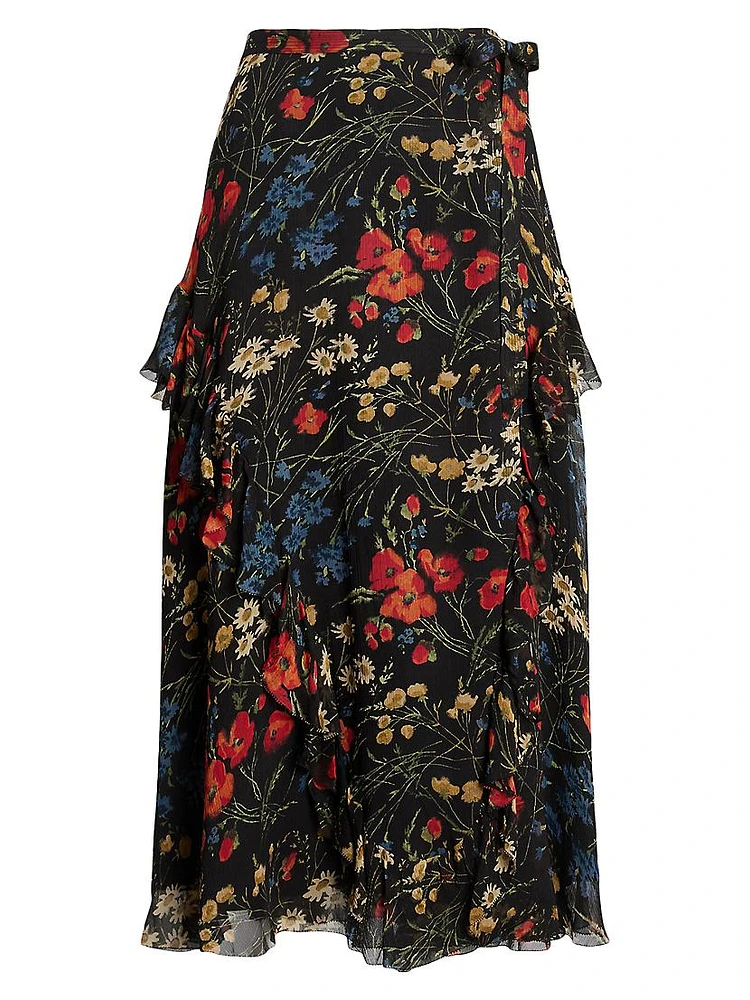 Floral Ruffle-Trim Georgette Wrap Skirt