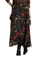 Floral Ruffle-Trim Georgette Wrap Skirt