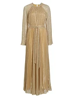 Metallic Belted Pleated Gown