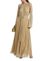 Metallic Belted Pleated Gown