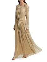 Metallic Belted Pleated Gown