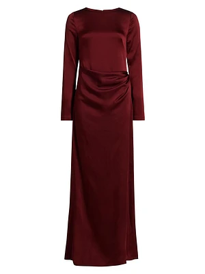 Qiana Satin Long-Sleeve Draped Gown