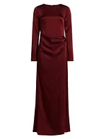 Qiana Satin Long-Sleeve Draped Gown