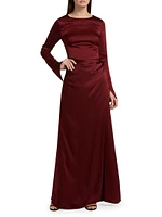 Qiana Satin Long-Sleeve Draped Gown