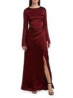 Qiana Satin Long-Sleeve Draped Gown