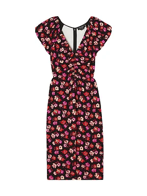Mainline Fall Poppies Ruched V-Neck Midi-Dress