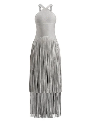 Metallic Kennedy Fringe Halter Gown