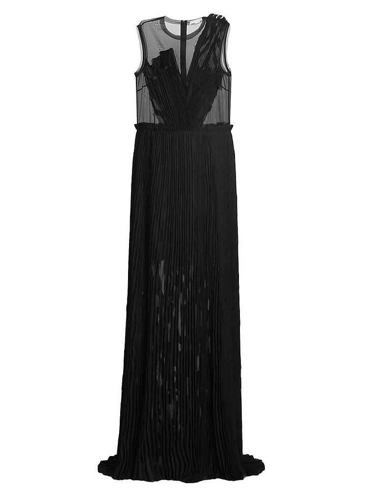 Appliqué Pleated Sleeveless Maxi Dress