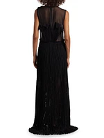 Appliqué Pleated Sleeveless Maxi Dress